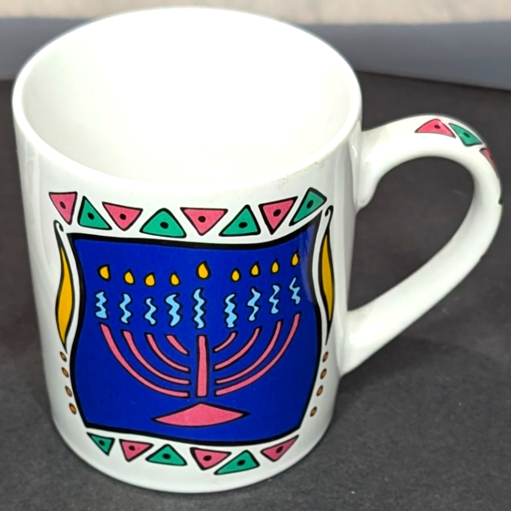 Menorah Hanukkah vintage 90s white ceramic 12oz graphic lot 3 coffee‎ mugs